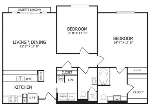 Floor plan for 2 beds, 2 baths, 1115 sqft